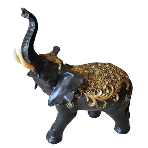 Black Resin Ornate Rhinestone Encrusted Elephant India Trunk Up - Picture 1 of 6